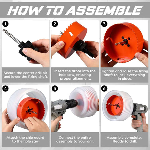 Otoolling 4-inch and 6-inch hole saw kit with orange arbor and two dust bowls for recessed can lights.