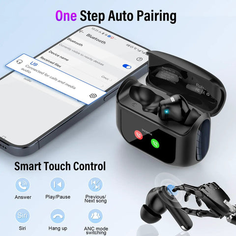 Bluetooth 5.4 Earbuds With Active Noise Canceling And ENC For Quiet Commutes, IPX7 Water Resistance, in charging case next to phone