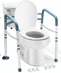Adjustable Detachable Toilet Safety Frame With Handles, standalone rail on round toilet, non-slip footings visible