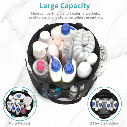 Mesh Shower Caddy Portable For Dorm Room Essentials With Hanging Hook And Drawstring Quick Dry Toiletry Bag Six Pocket Shower Tote