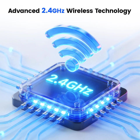Image of a 2.4GHz wireless chip highlighting technology in B-3RC Wireless Microphone System Bundle With Charging Case No Cables Needed Auto Pairing Ultra Low Latency Long Battery Life Twenty Four Bit Forty Four Point One Kilohertz Audio Long Range For Podcasts Livestreams And Stage Performances