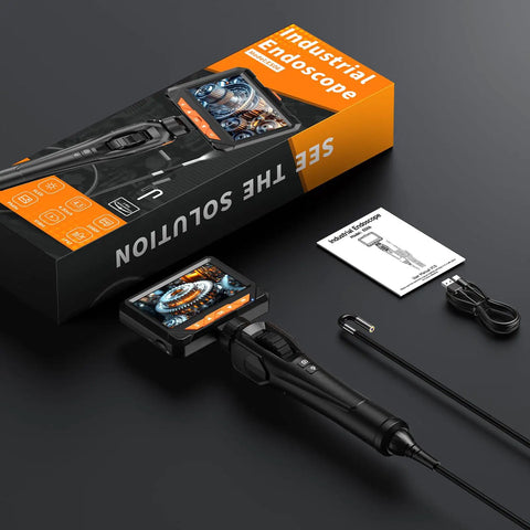 Two-Way 210° Articulating Borescope With 4.3 Inch 1080P Endoscope Camera And LED Light For Quick Engine And HVAC Inspections Pro-Grade Flexible Probe Crystal Clear Real-Time Views For Easy Troubleshooting. 4.3-inch screen, probe, cable, and box