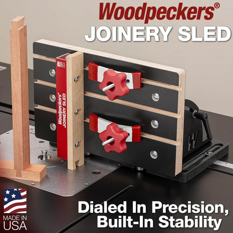 Front view of Pro Grade Micro Adjustable Joinery Sled For Precise Box Joints, Miters And Angled Cuts On Table Saw And Router Table.