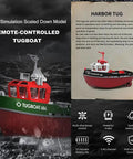 Image of remote-controlled 1/72 scale tugboat model with red and green details, showcasing features like powerful motor and waterproof design.