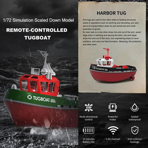 Image of remote-controlled 1/72 scale tugboat model with red and green details, showcasing features like powerful motor and waterproof design.