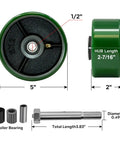 Top Shelf 5 Inch Polyurethane On Cast Iron Caster Wheel With Precision Needle Roller Bearing Fast Half Inch Bore, 5 inch size, showing dimensions and details.