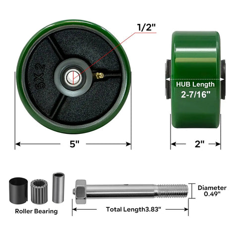 Top Shelf 5 Inch Polyurethane On Cast Iron Caster Wheel With Precision Needle Roller Bearing Fast Half Inch Bore, 5 inch size, showing dimensions and details.