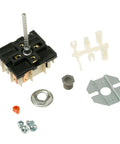 Infinite Burner Switch Replacement For GE Kenmore Hotpoint Range Easy DIY Fix With WB21X5243 WB21X36771 PS16216966 AP6988477 Fixes Burner Not Lighting Or Adjusting 1 Year Limited Warranty showing various installation parts and switch.