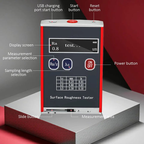 Portable Surface Roughness Tester With 0.01 μm Accuracy, Compact Profilometer For Ra/Rq 0.05 To 15.0 μm And Rz/Rt 0.1 To 50.0 μm, Rechargeable With Standard Calibration Block, On-The-Go Precision Gauge For Metals, Plastics, Ceramics. Front view handheld surface roughness tester on metal block with display and buttons
