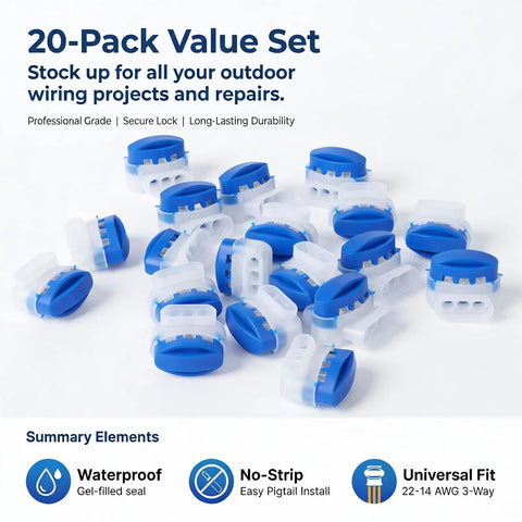 20-pack of blue and white 3 Way Waterproof Wire Connectors Kit For 22 To 14 AWG Cables With Self Stripping IDC Quick Splice