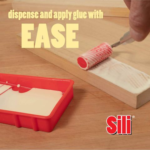 Silicone Glue Roller And Tray Set For Arts Crafts And Woodworking, smooth glue application on wood surface.