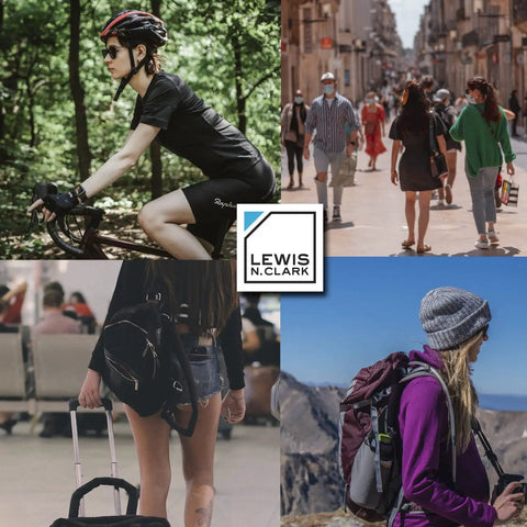 Collage with cyclist in forest and travelers with backpacks and suitcases, promoting security products by Lewis N. Clark.