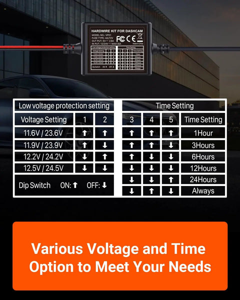 Voltage and time settings for 5 Level Adjustable Dash Cam Hardwire Kit No Brainer Install With Parking Mode And 14 Foot USB C Cable.