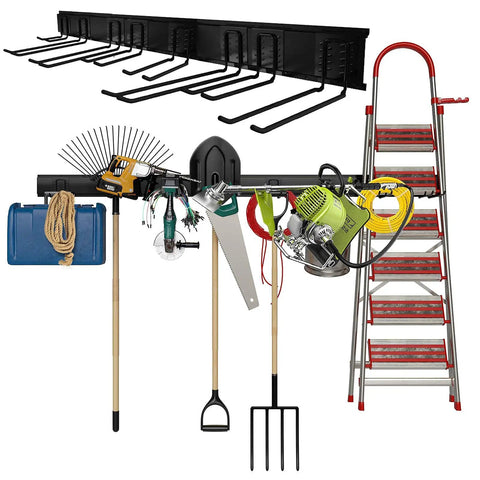 Heavy Duty Steel Garage Wall Mount Tool Organizer With 8 Mixed Hooks Up To 800 Lbs holding ladder, power tools, garden tools