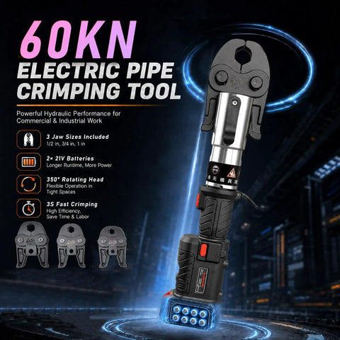 60KN electric pipe crimping tool with 350 degree rotating head for copper and PEX pipes with dual 21V batteries.