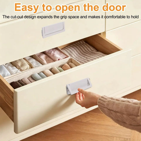 Person opening drawer with 4 Pack Flush Ring Hidden Drawer Pull Handles for Cabinets and Closets, Aluminum Alloy.