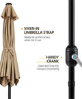 Folded tan 9Ft Outdoor Patio Umbrella With Heavy Duty Base Included Push Button Tilt And Crank UV Protected Waterproof Canopy close-up