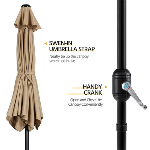 Folded tan 9Ft Outdoor Patio Umbrella With Heavy Duty Base Included Push Button Tilt And Crank UV Protected Waterproof Canopy close-up