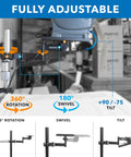 Rock Solid Universal Printer Pole Mount With Full Motion Articulating Arm Adjustable Swivel showing 360 rotation and 180 swivel features.