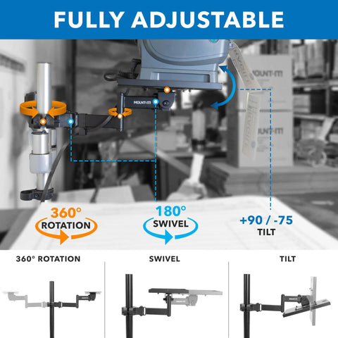 Rock Solid Universal Printer Pole Mount With Full Motion Articulating Arm Adjustable Swivel showing 360 rotation and 180 swivel features.