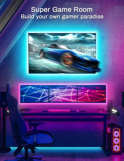 Dope LED TV Backlight Kit 13.1ft RGB 5050 Strip Lights illuminating gaming setup with music sync and Bluetooth app