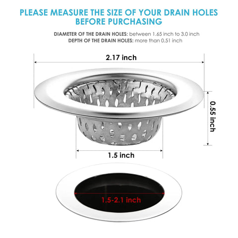 Diagram of Mini Stainless Steel Bathroom Drain Strainer Two Pack With Two Point One Seven Inch Diameter And Two Millimeter Micro Perforations Rust Free Anti Clog Shield showing dimensions and fit.