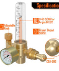 Front view of BETOOLL argon/co2 MIG/TIG flowmeter gas regulator with CGA-580 inlet and brass body.