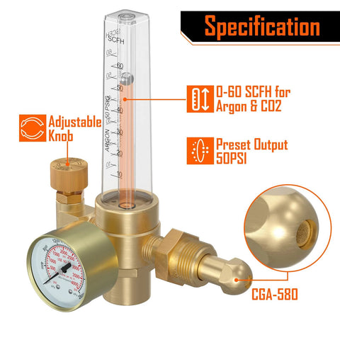 Front view of BETOOLL argon/co2 MIG/TIG flowmeter gas regulator with CGA-580 inlet and brass body.