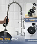 Heavy Duty Commercial Sink Faucet Wall Mount With Pre Rinse Sprayer showcasing high pressure sprayer design for efficient washing.