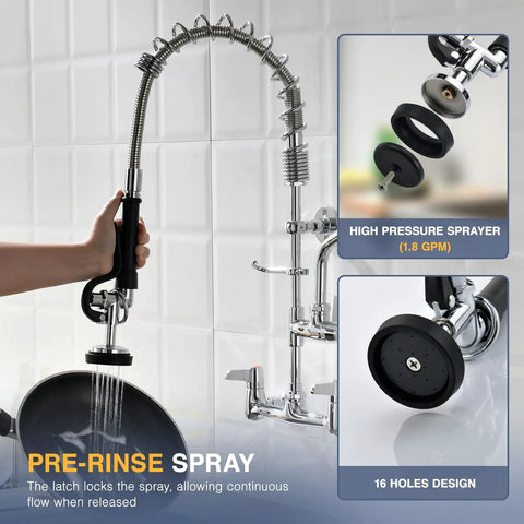 Heavy Duty Commercial Sink Faucet Wall Mount With Pre Rinse Sprayer showcasing high pressure sprayer design for efficient washing.
