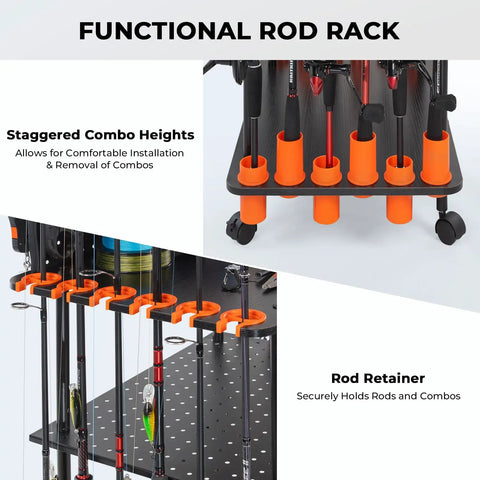 Indoor Fishing Rod Storage Cart For 12 Combos With A 3 Tier Tackle Rack And Peg Wall Built In Line Spooler Mobile Tackle Storage Cart With Locking Wheels Ultimate Gear Organizer For Home Garage Or Boat Shed featuring staggered combo heights and rod retainers.