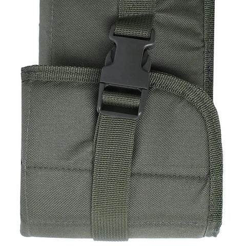 Close-up of strap and buckle on 34 Inch Tactical Shotgun Scabbard And Rifle Holster For Shoulder Carry With Ambidextrous PALS Straps D Ring Mount Points And Green 600D Exterior Heavy Duty Modular Mounting Ready For Quick Access In The Field.