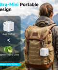 Person hiking with backpack displaying Pocket Sized Ultra Compact Portable Air Pump For Inflatables And Air Beds With USB