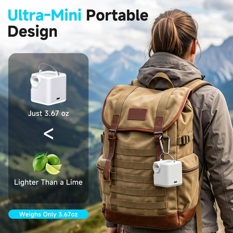 Person hiking with backpack displaying Pocket Sized Ultra Compact Portable Air Pump For Inflatables And Air Beds With USB