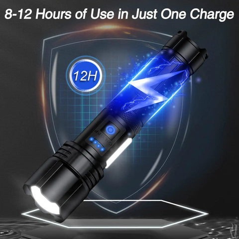 Rechargeable 99,000 Lumen LED Flashlight Pack showing power mode and battery indicator, highlighting 12-hour charge.