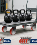 Front view of four ZDNEY 5x2 inch swivel caster wheels with polyurethane on cast-iron cores, 4000 lb capacity