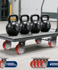 Rock Solid Heavy Duty Caster Wheels With Tough Polyurethane Treads And Rustproof Cast Iron Cores For Platform Dollies And Military Gear 4000 Lb Rating Two Brake Two Swivel on platform with kettlebells.