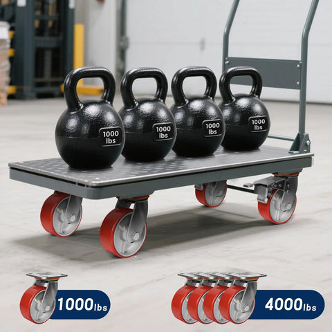 Rock Solid Heavy Duty Caster Wheels With Tough Polyurethane Treads And Rustproof Cast Iron Cores For Platform Dollies And Military Gear 4000 Lb Rating Two Brake Two Swivel on platform with kettlebells.