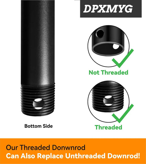 Built Tough 12 Inch Threaded Ceiling Fan Downrod In Matte Black showing threaded and unthreaded ends for easy installation.