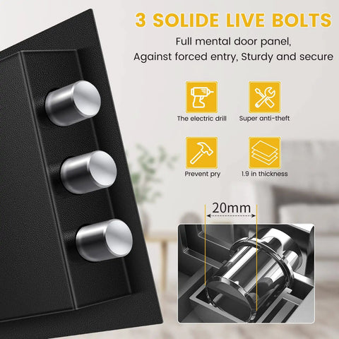 Close-up of 3 solid steel bolts on Heavy Duty Home Drop Safe Box With Waterproof And Fireproof Steel Build Digital Lock.