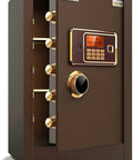 Fireproof And Waterproof Password Safe Box With Alarm System 60Cm Height Home Deposit Safe For Office Small Anti Theft Cabinet With Digital Keypad Brown Finish Durable Steel Security Safe For Valuables showing open door.