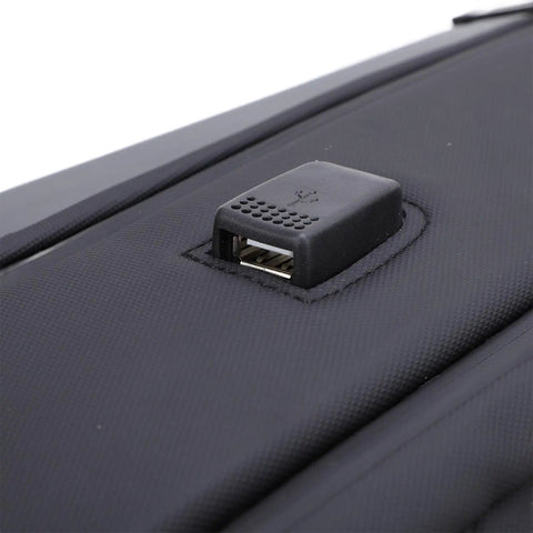 Close-up of USB charging port on Ultra Compact Satellite Travel Backpack With USB Charging Port, Water Resistant, Custom Molded Compartments.