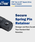 Seven Sixteenths Hex to One Half Inch Square Drive Impact Socket Adapter with secure spring pin retainer detail