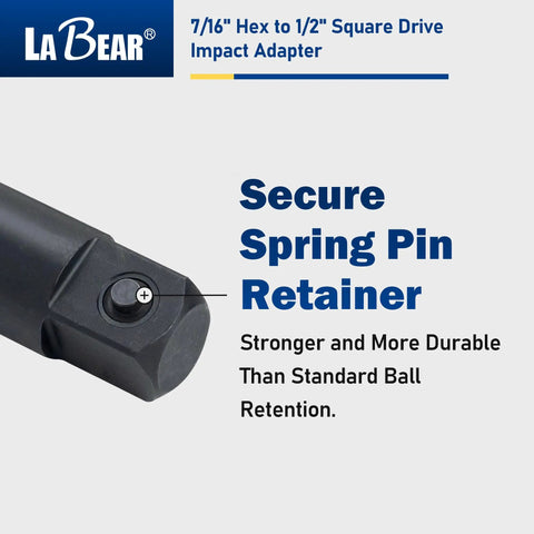Seven Sixteenths Hex to One Half Inch Square Drive Impact Socket Adapter with secure spring pin retainer detail