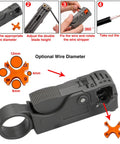 Coaxial Cable Tool Kit With Heavy Duty BNC Crimp Tool And 10 Pcs BNC Male Connectors, Coax Stripper Cutter, Wire Cutter And Heat Shrink Tube Set For RG58 RG59 RG62 RG174 showing coax stripper cutter with adjustable blade height for cable stripping.