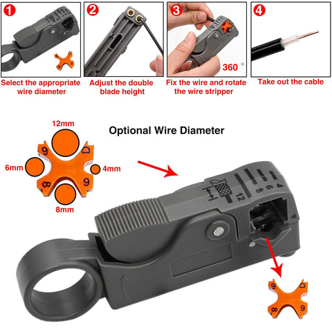Coaxial Cable Tool Kit With Heavy Duty BNC Crimp Tool And 10 Pcs BNC Male Connectors, Coax Stripper Cutter, Wire Cutter And Heat Shrink Tube Set For RG58 RG59 RG62 RG174 showing coax stripper cutter with adjustable blade height for cable stripping.