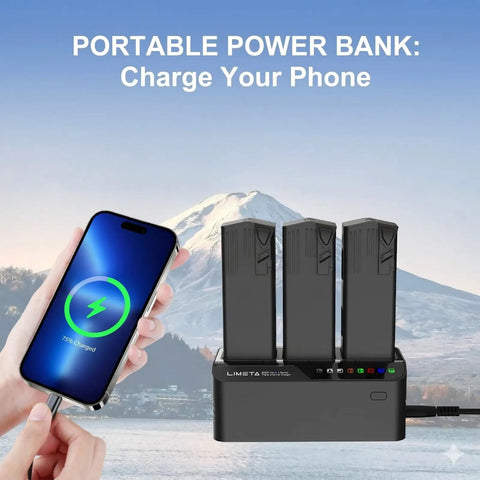Mavic 3 Pro Three Channel 200W Fast Charging Hub with batteries and smartphone charging, snowy mountain backdrop