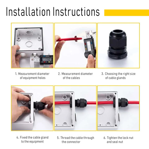 Installation guide for All Weather IP68 Waterproof Nylon Cable Gland Connectors PG7 with Locknut and Gaskets, 10 Pack.