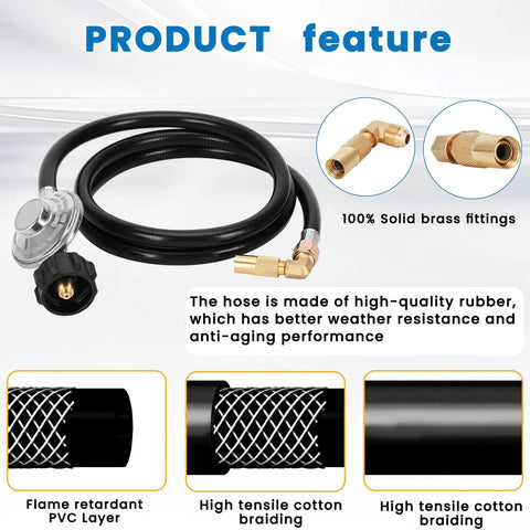 6.5 Ft Propane Regulator And Hose With 90 Degree Elbow Adapter For 17 And 22 Inch Tabletop Griddles, rubber material.