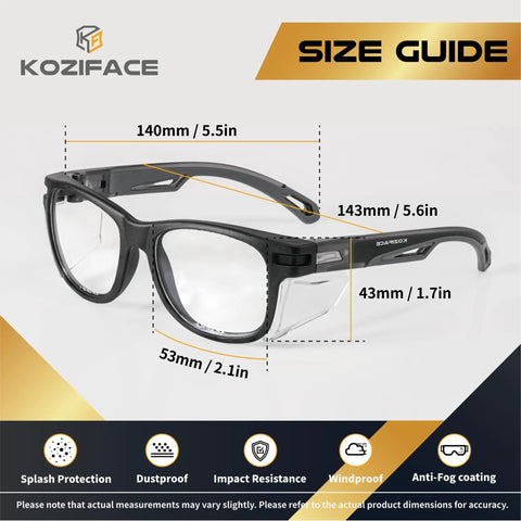 Size guide for Anti Fog Safety Glasses With Side Shields And ANSI Z87.1 Eye Protection, Scratch-Resistant Clear Lenses.